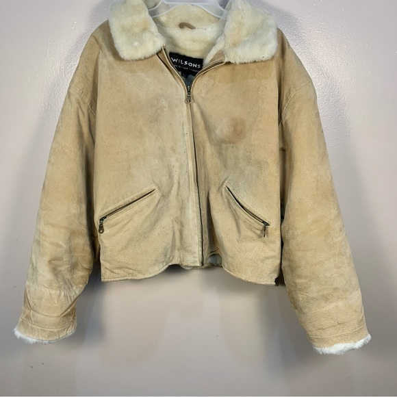 Vintage Jackets & Blazers - Wilson’s VTG 90s y2k Cropped Suede Leather Faux Fur Lined Jacket Tan